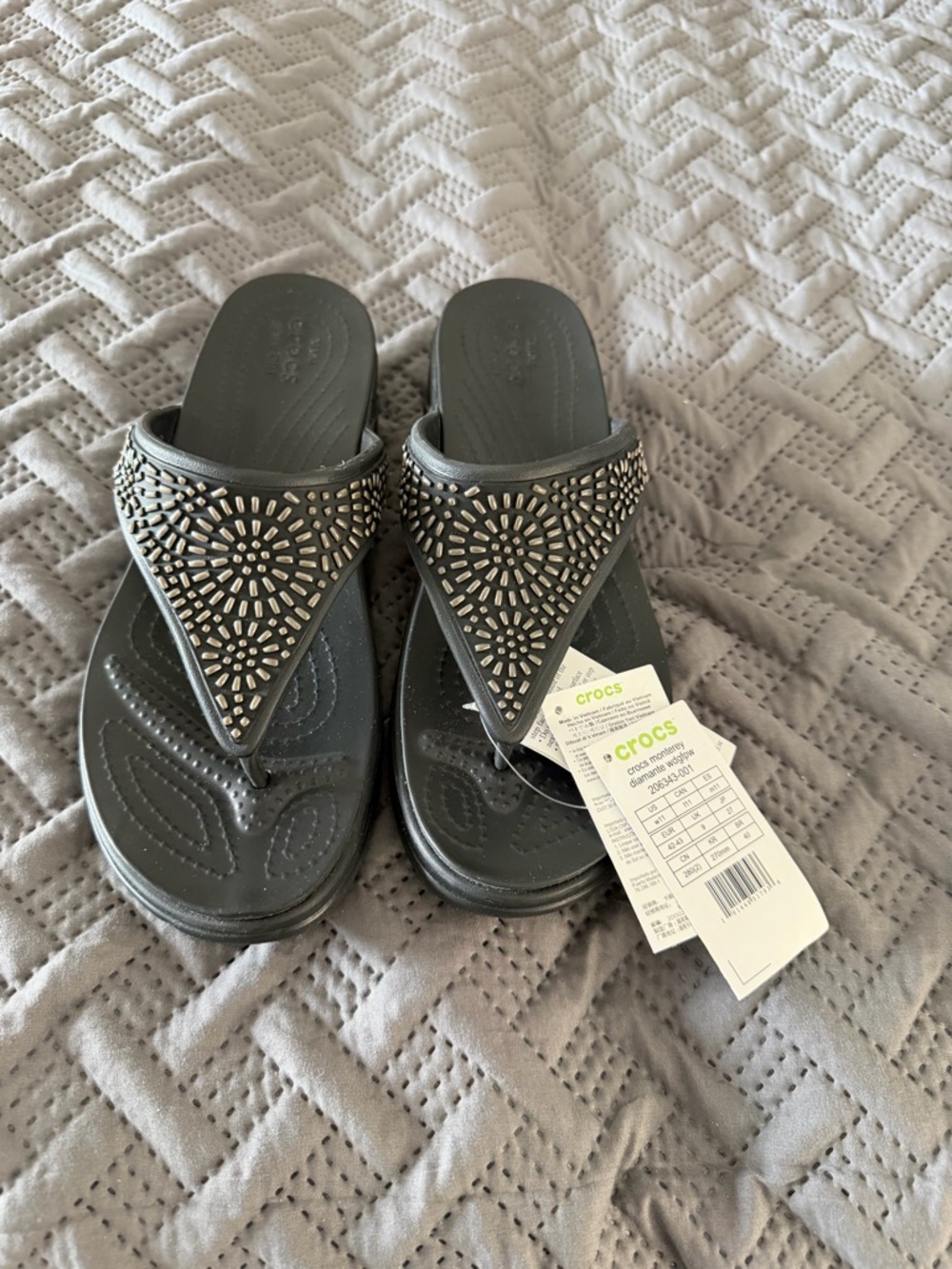 CROCS Black Embellished Wedge Flip Flops